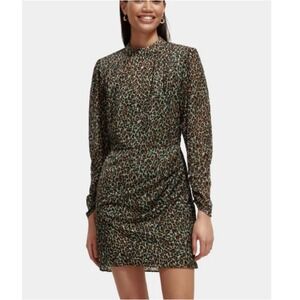 Scotch & Soda Leopard Print Mini Dress Women 34 Multicolor Mock Neck Sheer Party